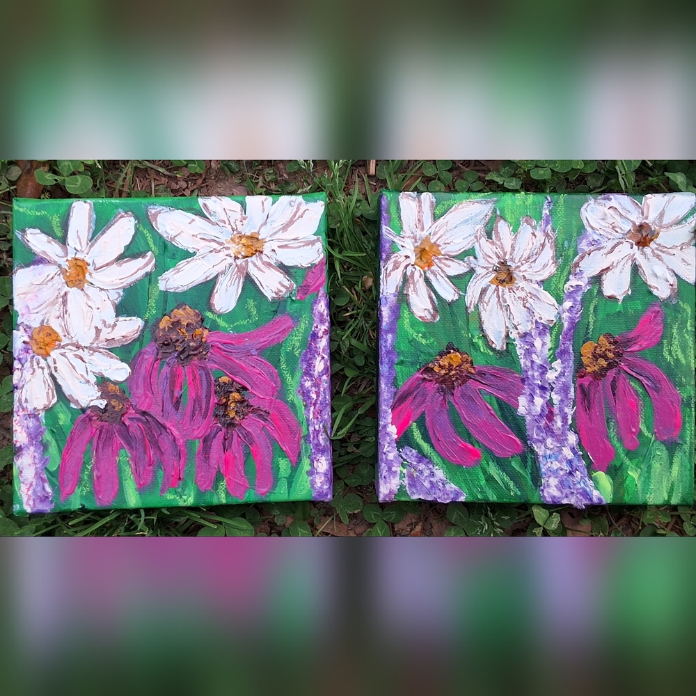 "Daisy Days" Original Artwork Diptych - Daisies & Magenta Coneflowers (2) 6 X 6 - Picture 8 of 8